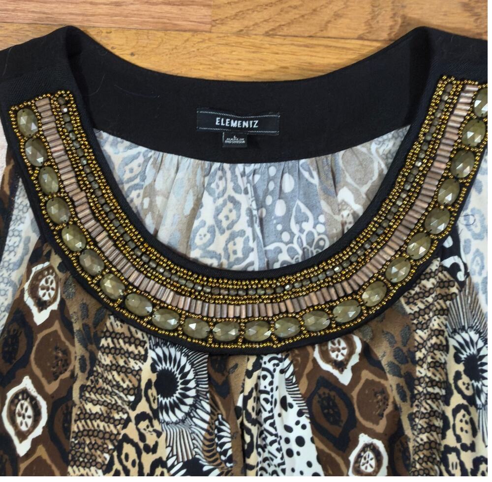 Elementz Large Beaded Neckline Tunic Top Boho Animal Print Sleeveless